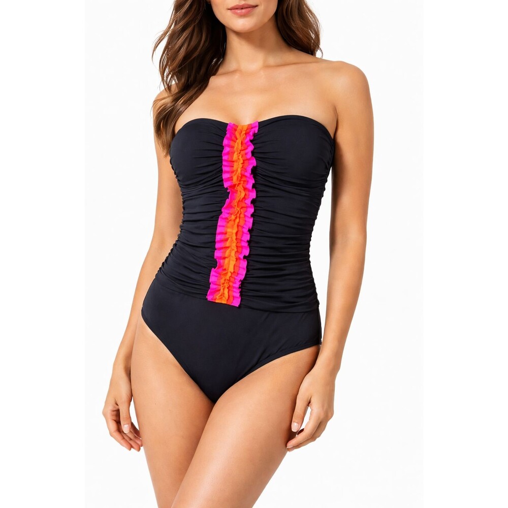 Bleu Rod Beattie Black NWT Strapless 1 Piece Swimsuit Size 8 Ruched Pink Orange - Picture 1 of 9